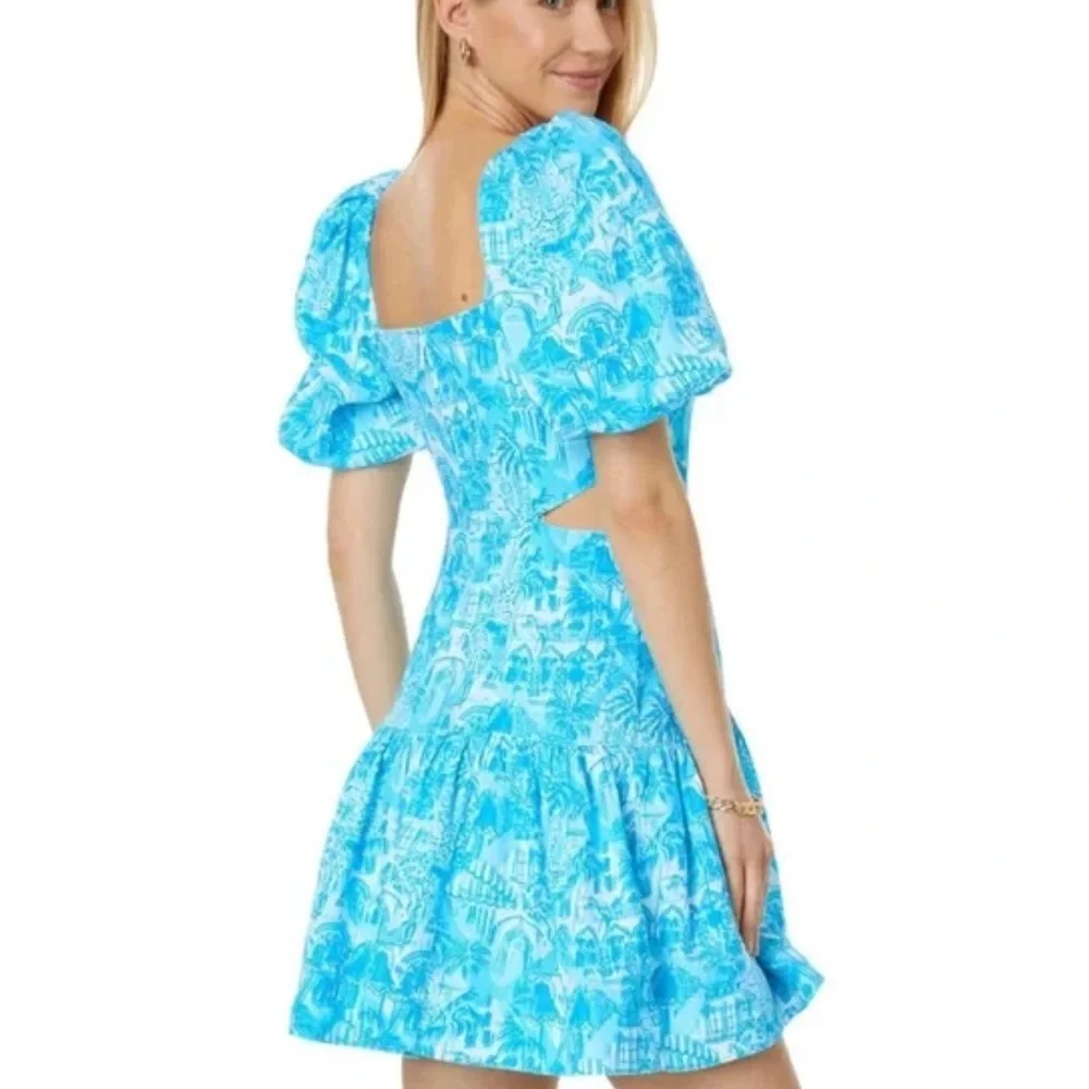 LILY PULITZER Kylanne Amalfi Blue Sunny State Of Mind Mini Dress With Cut Outs - Picture 3 of 15